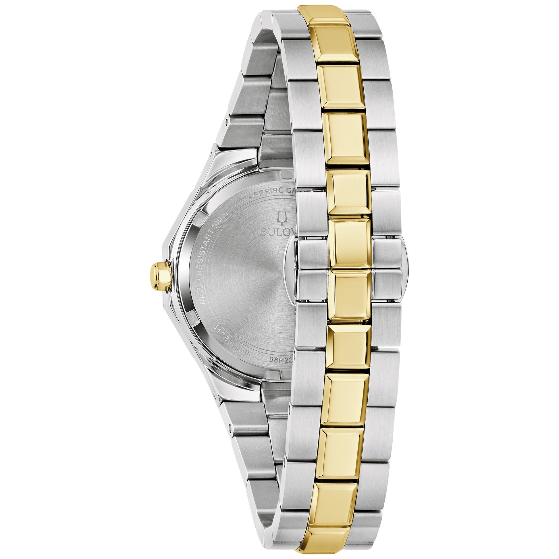 Rear view of the Bulova 98P234 highlighting the chamfered 3-link stainless steel bracelet with brushed and polished finishes and push-button deployant clasp