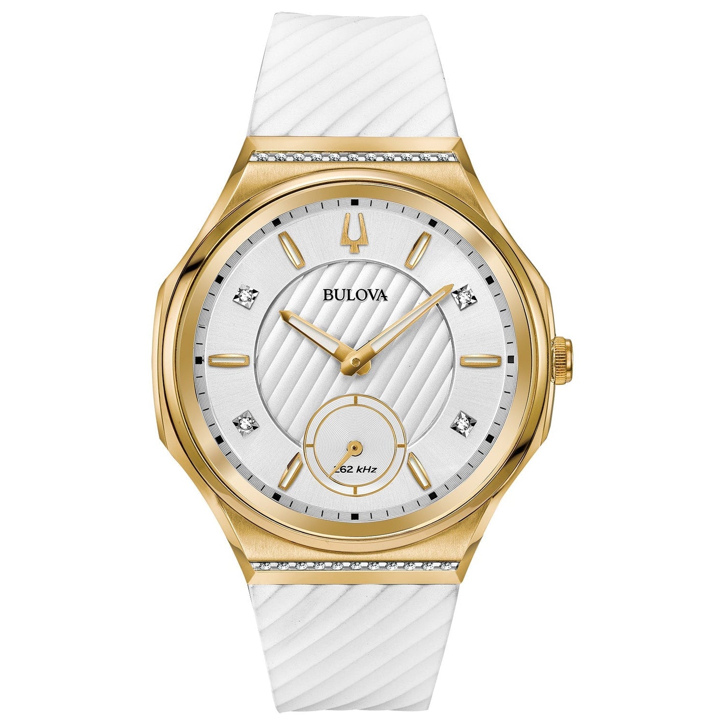 Front view of the Bulova CURV 98R237 showcasing the gold-tone case with diamond accents and silver-white dial.