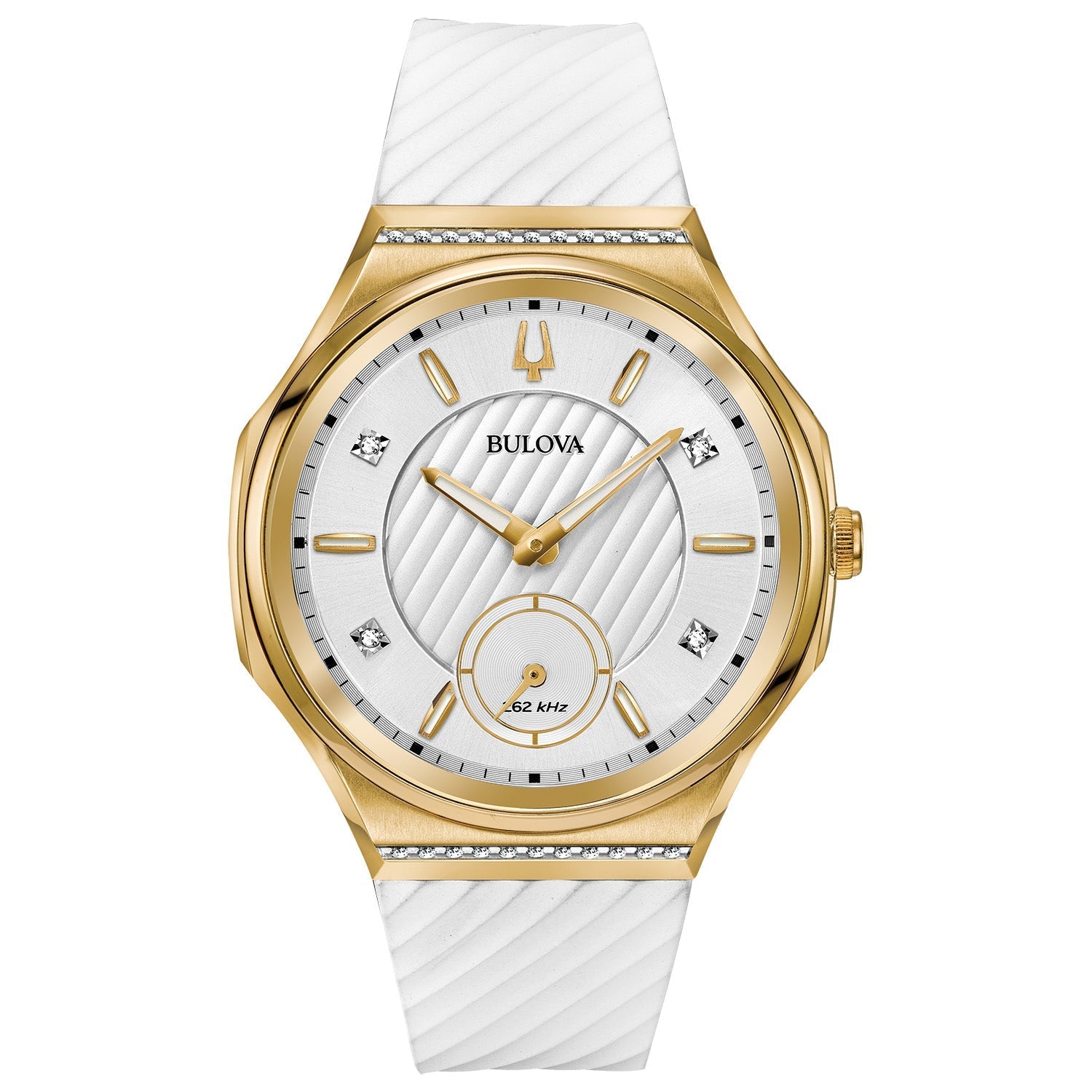 Front view of the Bulova CURV 98R237 showcasing the gold-tone case with diamond accents and silver-white dial.
