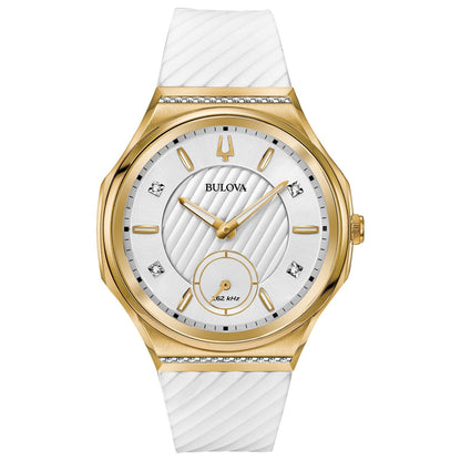 Front view of the Bulova CURV 98R237 showcasing the gold-tone case with diamond accents and silver-white dial.