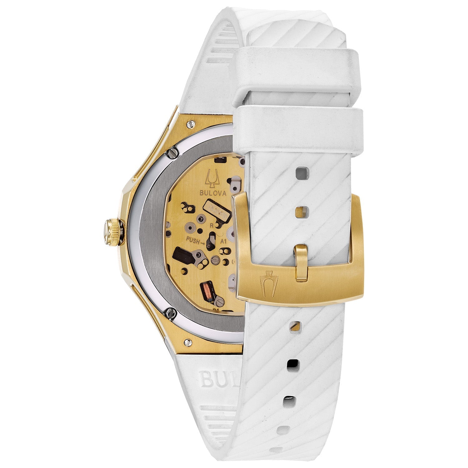 Back view of the Bulova CURV 98R237 displaying the exhibition case back revealing the movement.