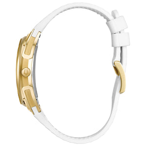 Side profile of the Bulova CURV 98R237 highlighting the curved case design and white rubber strap.