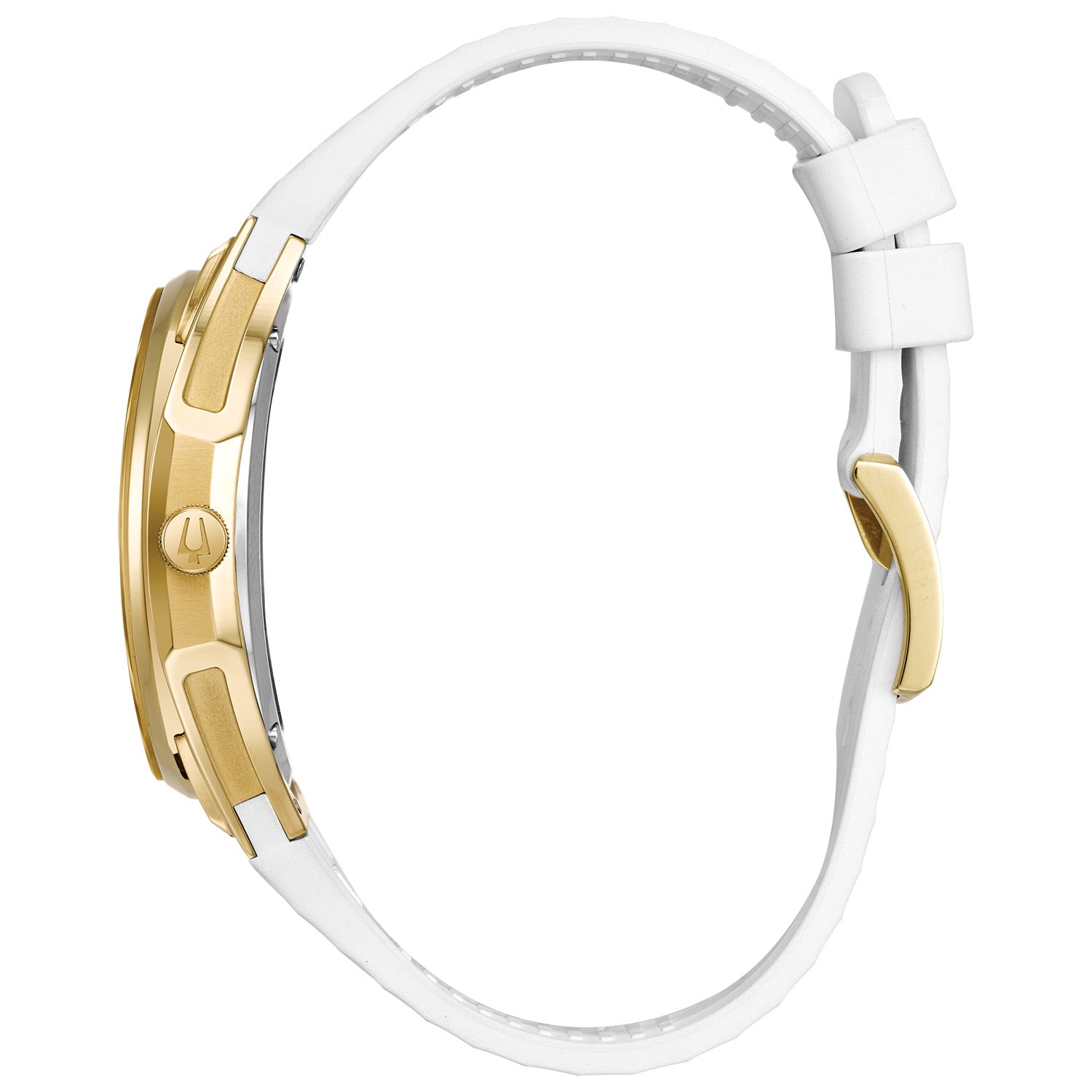  Side profile of the Bulova CURV 98R237 highlighting the curved case design and white rubber strap.