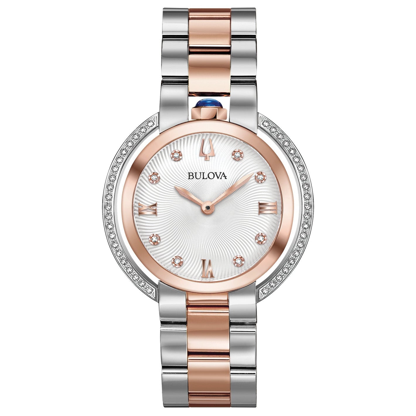 Bulova 98R247 Rubaiyat women's watch featuring a two-tone stainless steel case with diamond accents and a textured silver-white dial.
