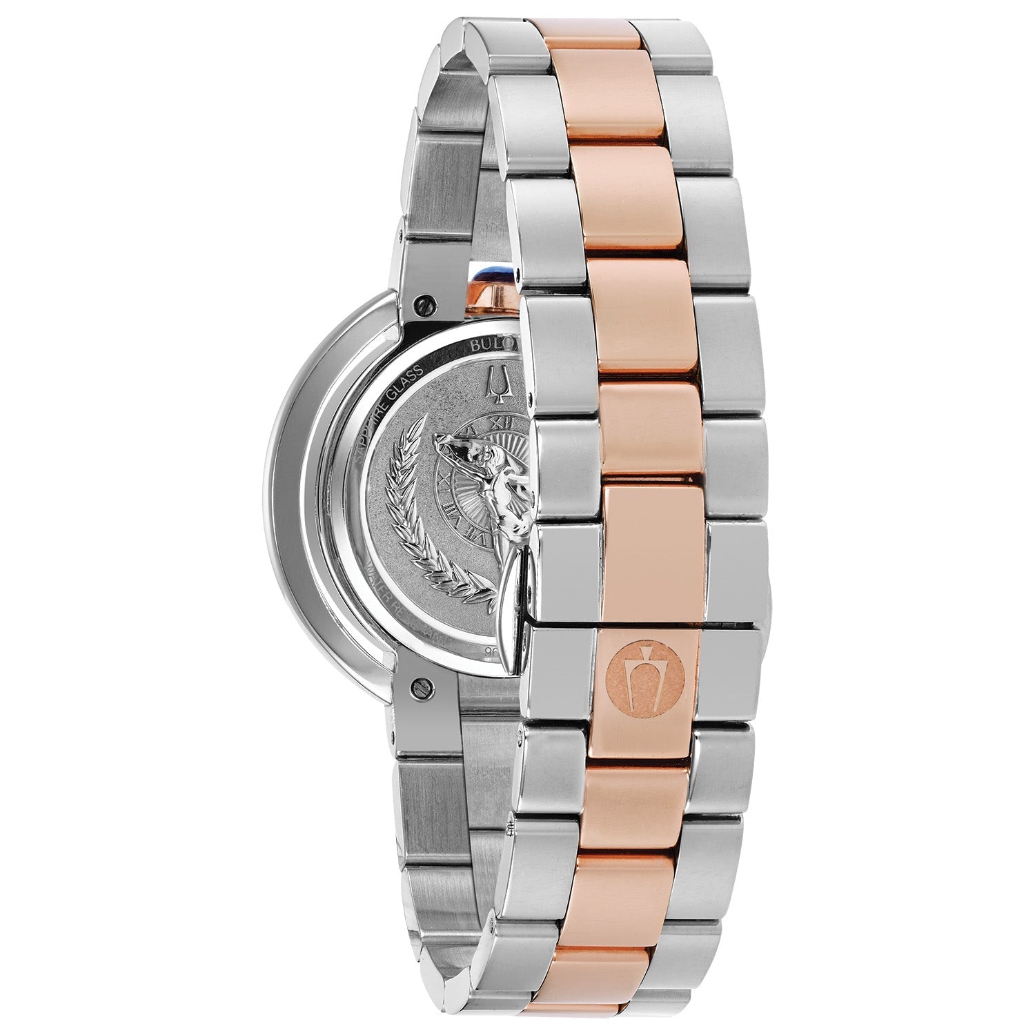 Back view of the Bulova 98R247, showcasing the "Goddess of Time" emblem on the case back, reflecting the brand's heritage.
