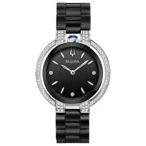 Bulova 98R266 Rubaiyat women's watch featuring a black ceramic and stainless steel case with 73 diamond accents and a glossy black dial.