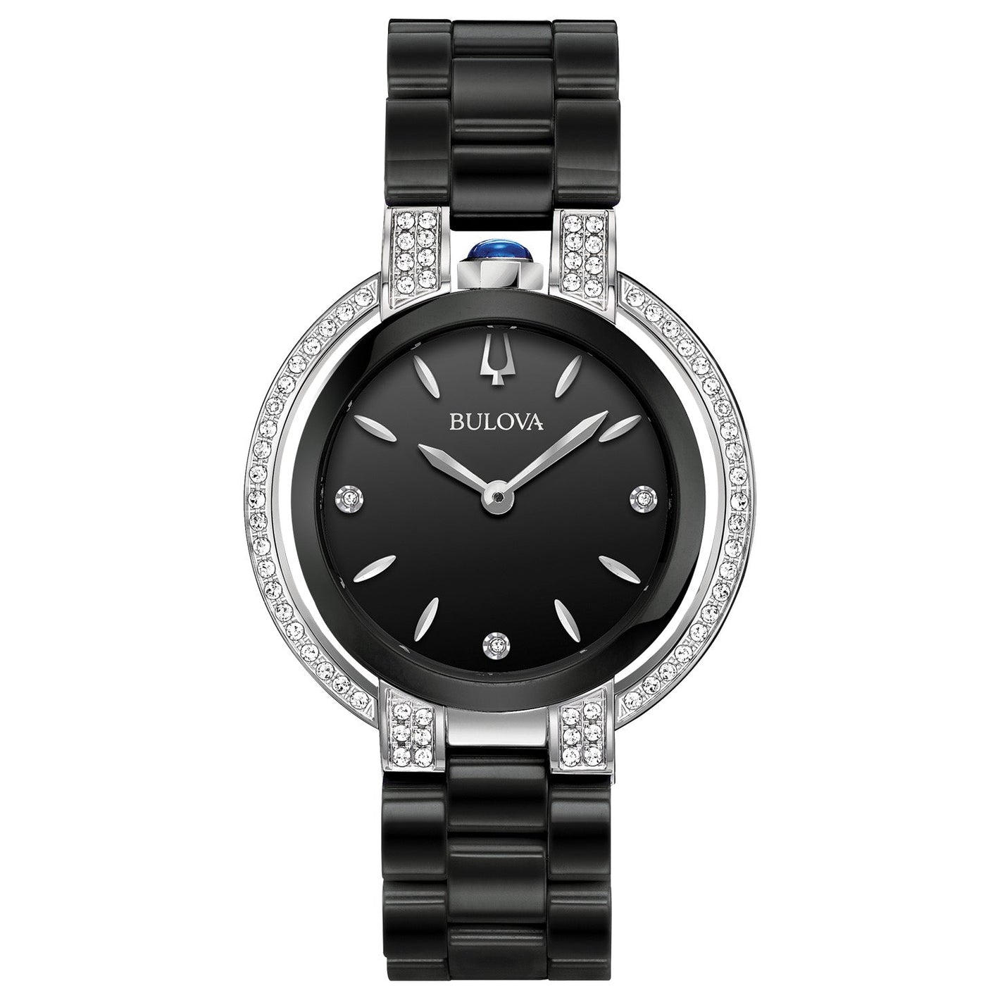 Bulova 98R266 Rubaiyat women's watch featuring a black ceramic and stainless steel case with 73 diamond accents and a glossy black dial.