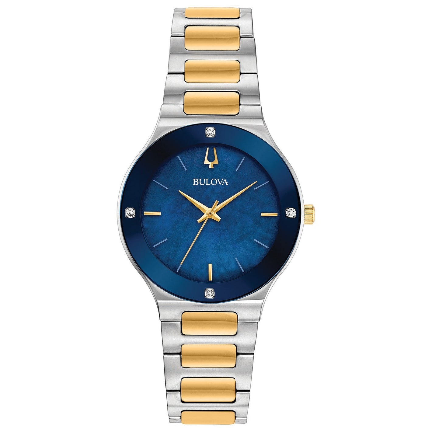 Bulova Millennia 98R273 women's two-tone stainless steel watch with a blue mother-of-pearl dial and diamond accents—front view.
