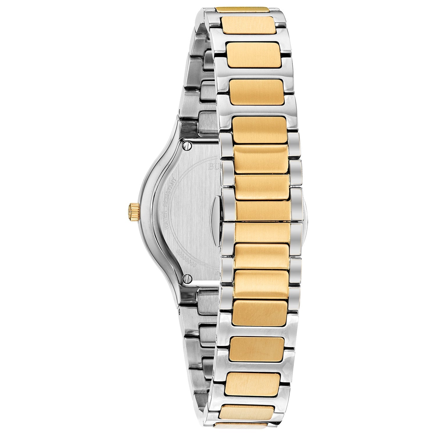  Back view of Bulova Millennia 98R273, highlighting the stainless steel case back and two-tone bracelet design.