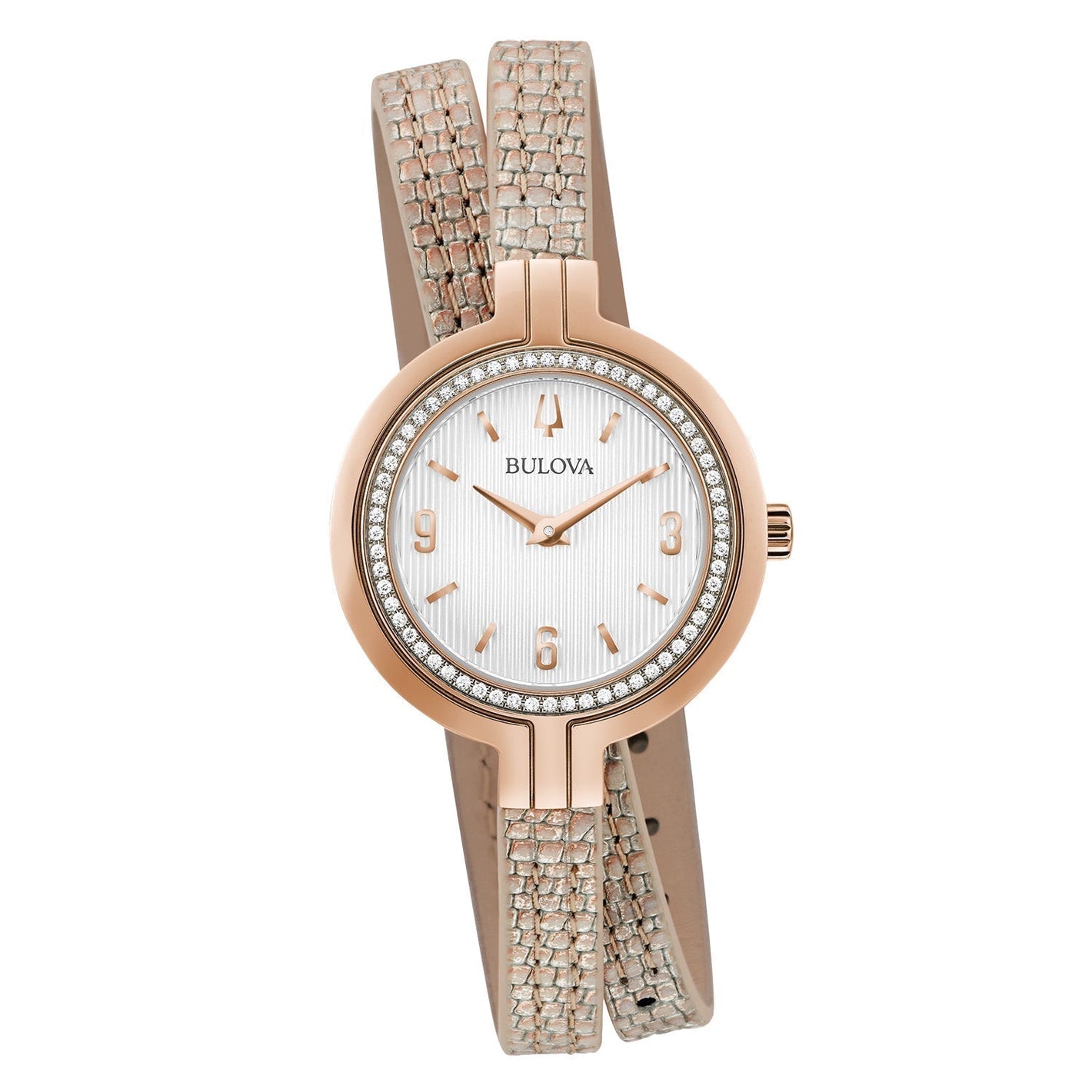 Bulova 98R279 women's watch featuring a rose gold-tone stainless steel case with a diamond-accented bezel and silver-white textured dial—front view.