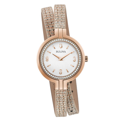 Bulova 98R279 women's watch featuring a rose gold-tone stainless steel case with a diamond-accented bezel and silver-white textured dial—front view.