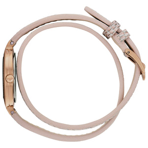Profile view of the Bulova 98R279, highlighting the sleek rose gold-tone case and double wrap leather strap design.