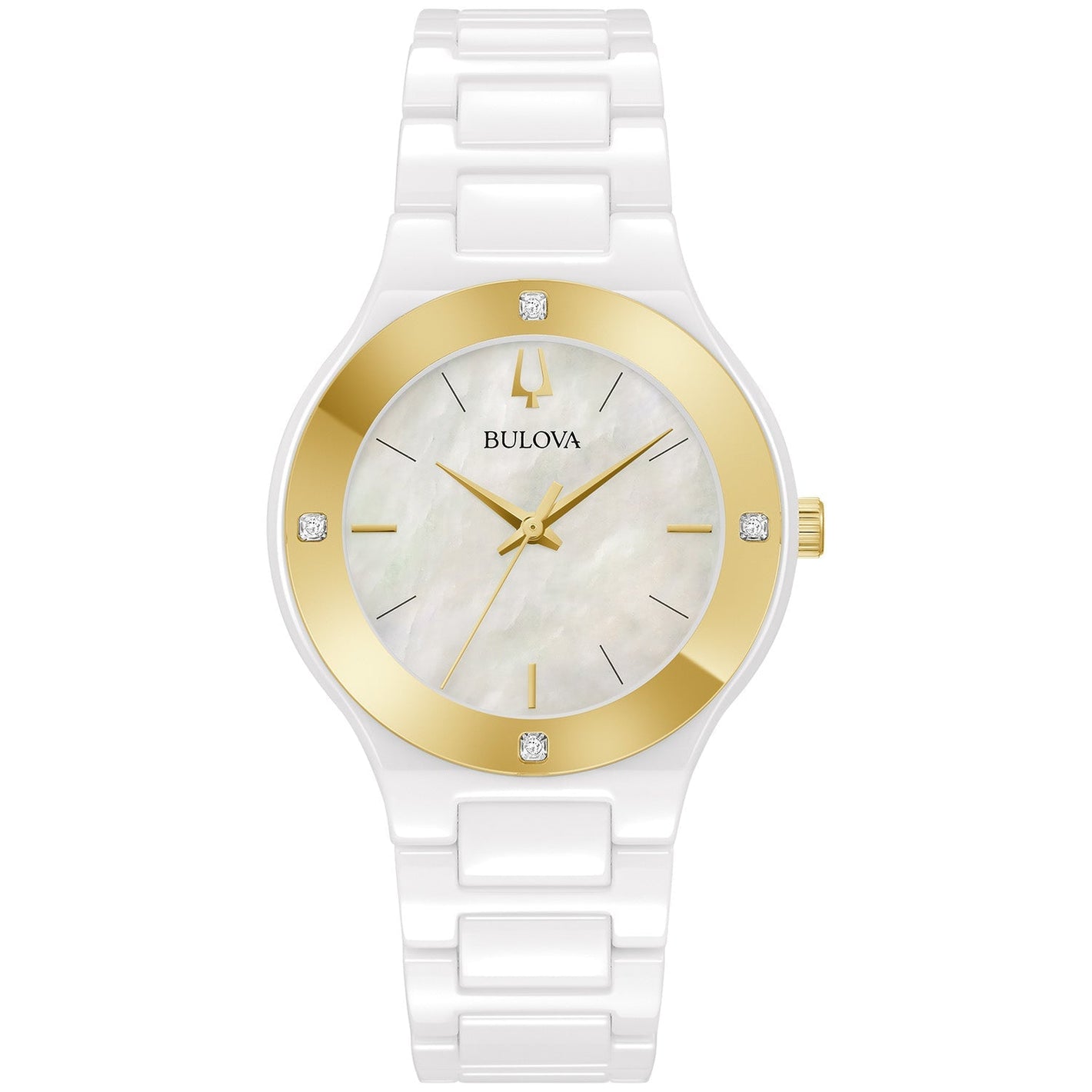 Bulova Millennia 98R292 women's watch featuring a white ceramic case and bracelet, white mother-of-pearl dial with gold-tone accents, and diamond embellishments—front view.