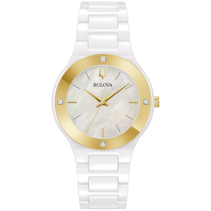 Bulova Millennia 98R292 women's watch featuring a white ceramic case and bracelet, white mother-of-pearl dial with gold-tone accents, and diamond embellishments—front view.