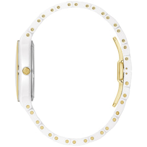 Side profile of the Bulova 98R292, highlighting the white ceramic case and the sleek design of the bracelet.