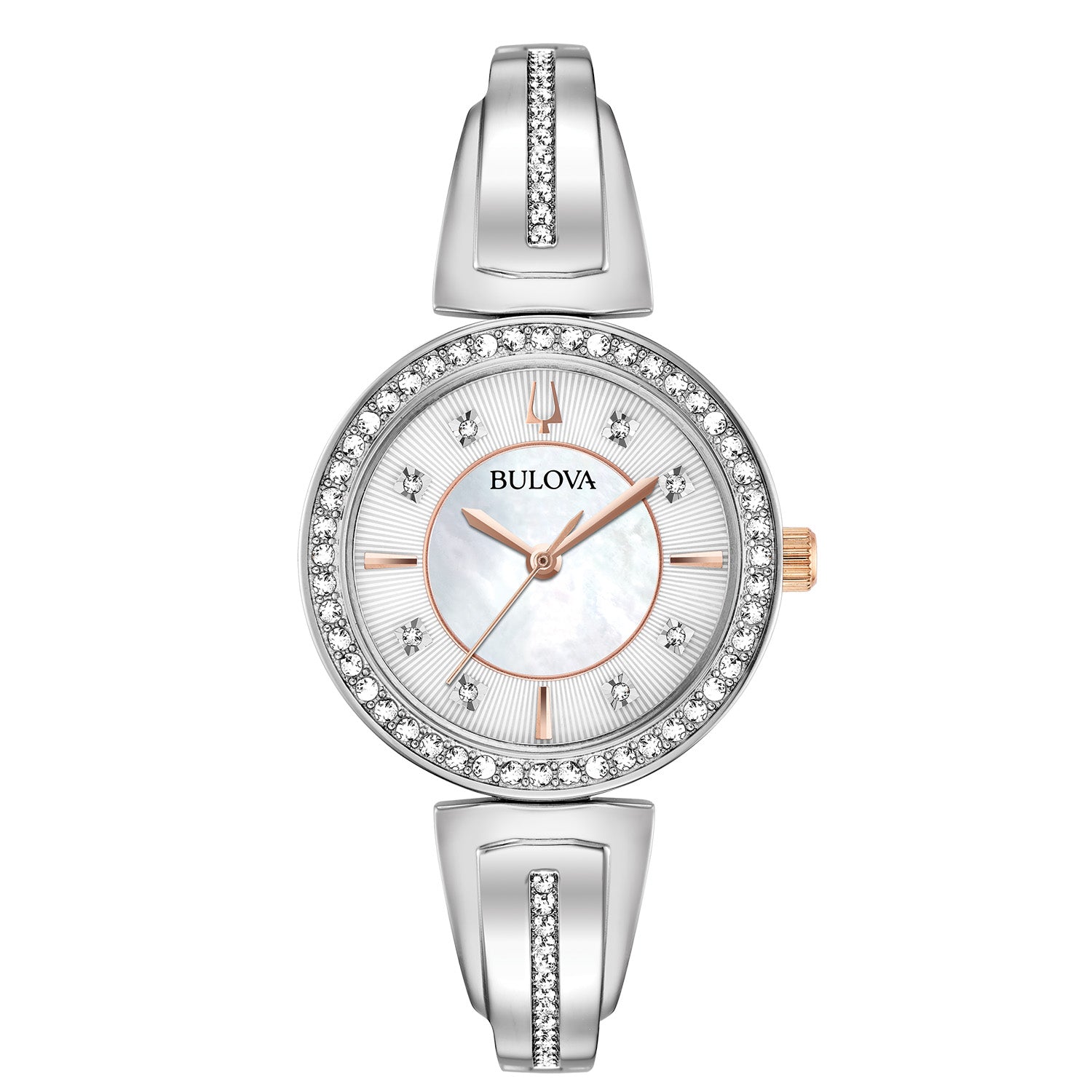 Bulova Women's Crystal Watch 98X121 featuring a mother-of-pearl dial with crystal hour markers and a stainless steel bracelet.