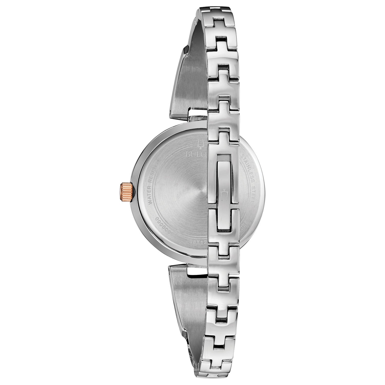 Back view of Bulova Women's Crystal Watch 98X121, displaying the stainless steel case and bracelet.