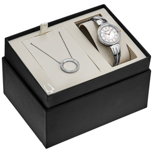 Bulova 98X121 gift set packaging showcasing the watch and necklace together in a stylish presentation box.