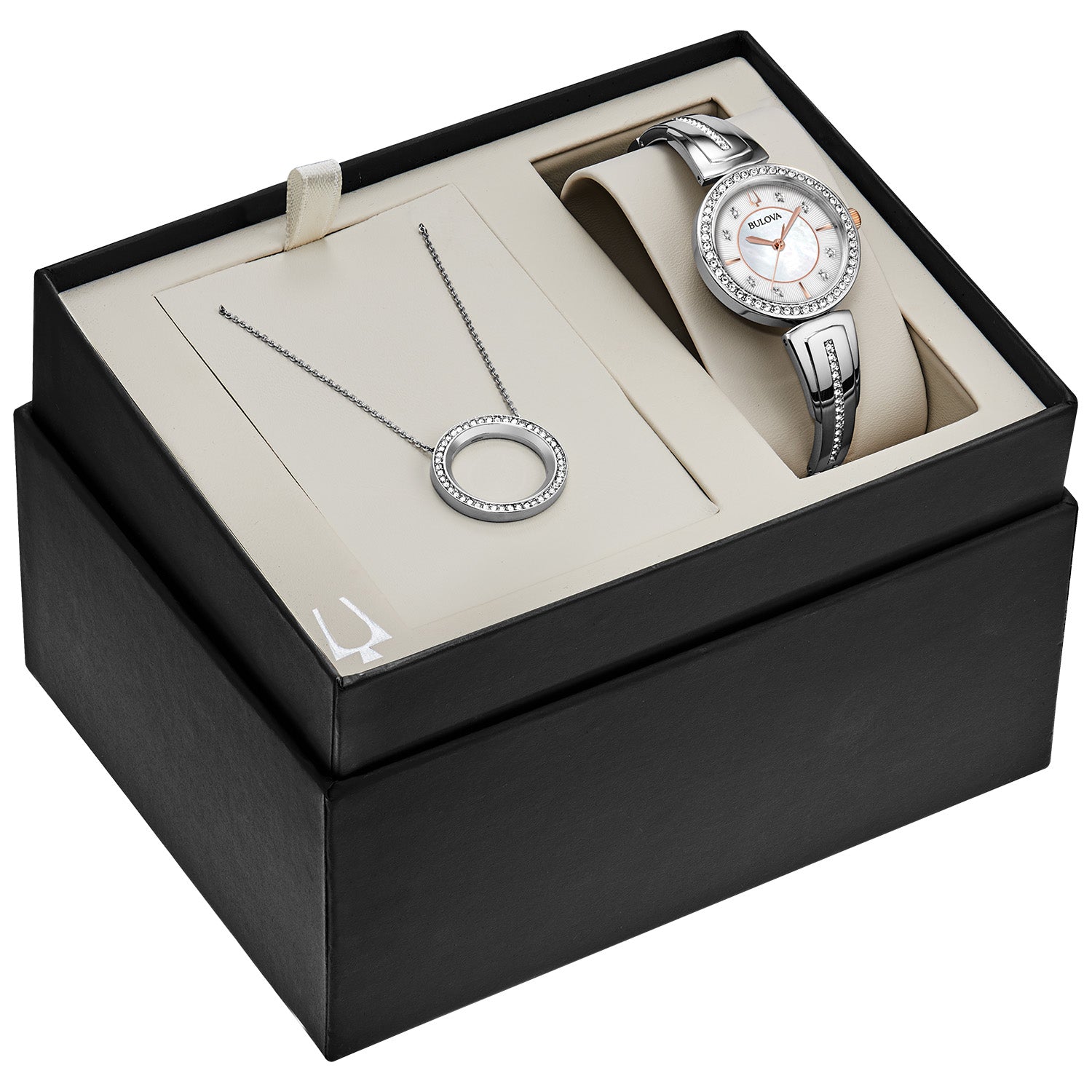 Bulova 98X121 gift set packaging showcasing the watch and necklace together in a stylish presentation box.