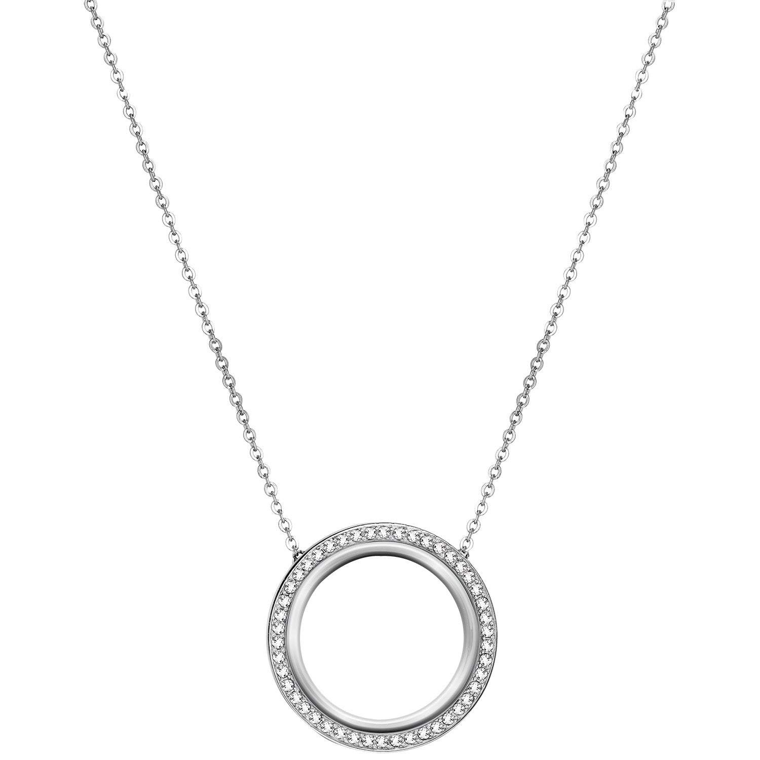 Front view of Bulova 98X121 women's necklace with crystal accents, featuring a delicate pendant and matching chain.