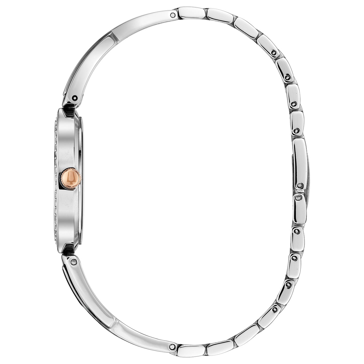 Side profile of Bulova 98X121 women's watch, highlighting the sleek stainless steel case and crystal-encrusted bezel.