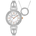 Front view of Bulova Women's Crystal Gift Set 98X121, showcasing the mother-of-pearl dial watch and matching crystal-accented necklace.