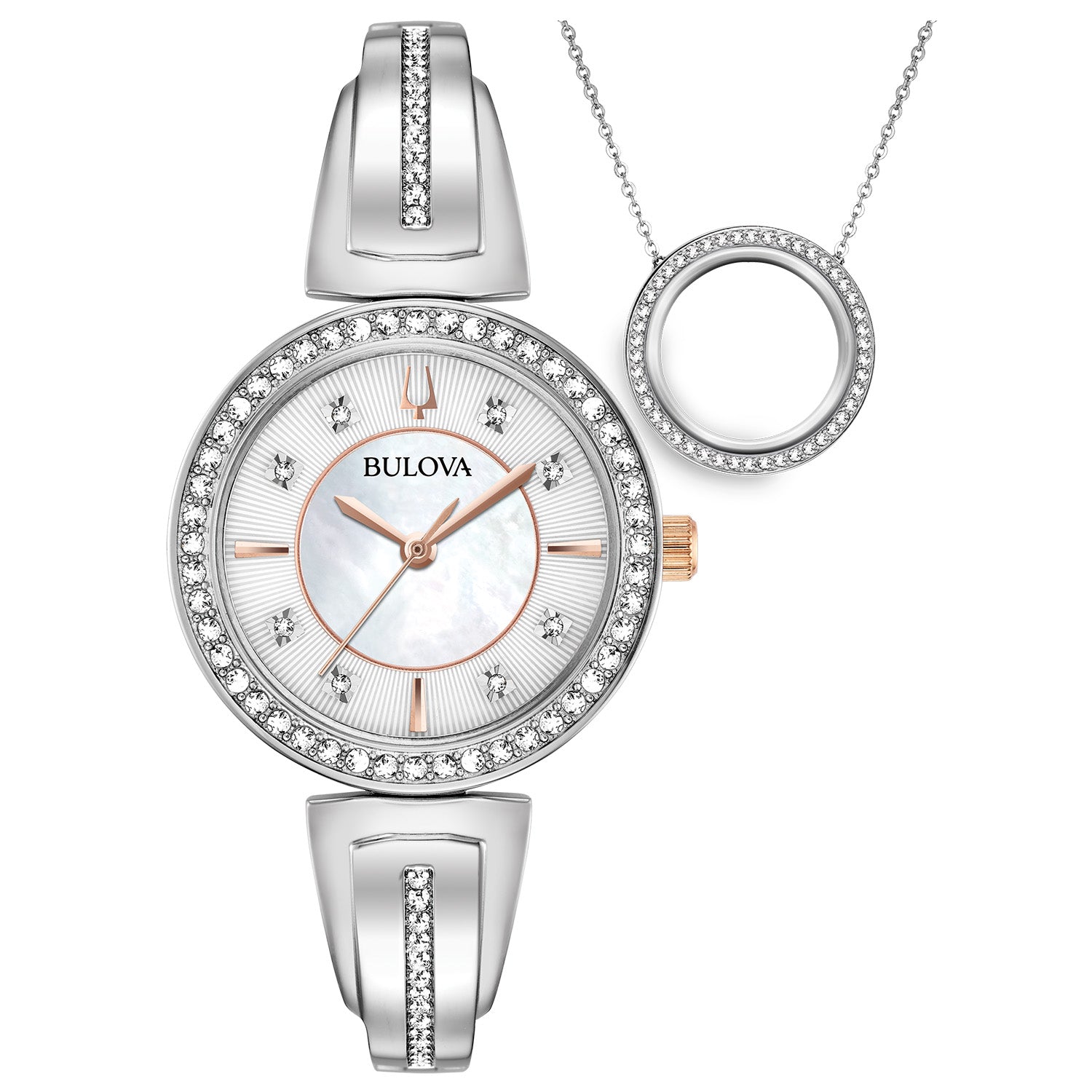 Front view of Bulova Women's Crystal Gift Set 98X121, showcasing the mother-of-pearl dial watch and matching crystal-accented necklace.