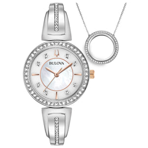 Front view of Bulova Women's Crystal Gift Set 98X121, showcasing the mother-of-pearl dial watch and matching crystal-accented necklace.