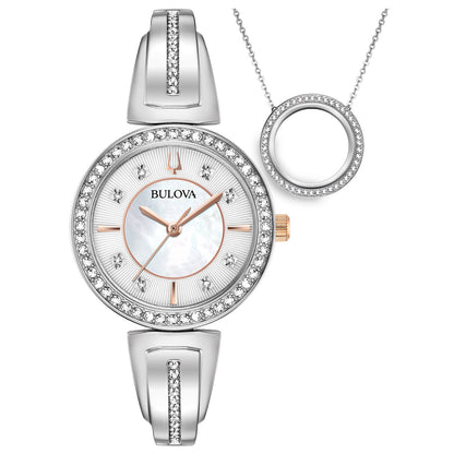 Front view of Bulova Women's Crystal Gift Set 98X121, showcasing the mother-of-pearl dial watch and matching crystal-accented necklace.