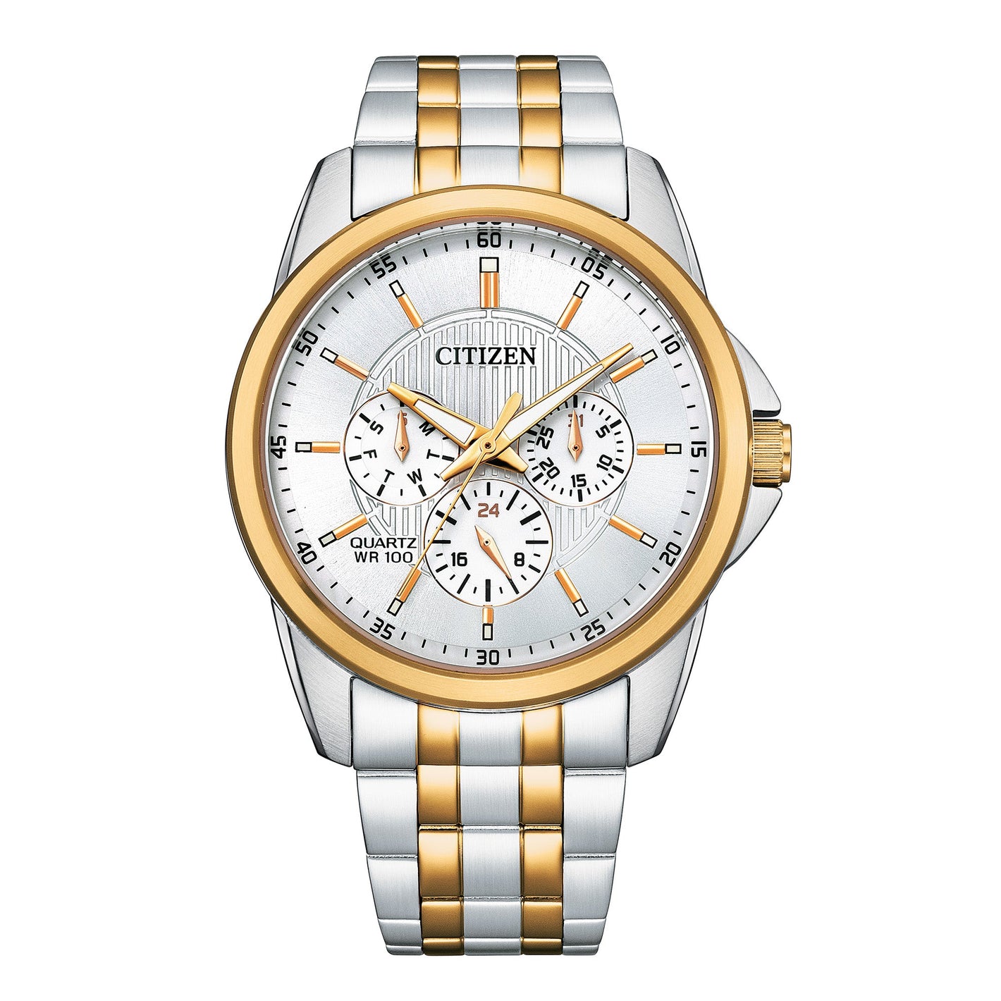 Citizen AG8346-51A front view with two-tone stainless steel case and bracelet, silver dial with gold-tone indices and sub-dials for day, date and 24-hour display.