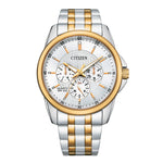 Citizen AG8346-51A front view with two-tone stainless steel case and bracelet, silver dial with gold-tone indices and sub-dials for day, date and 24-hour display.