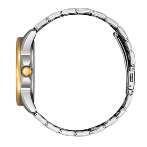 Side profile of Citizen AG8346-51A showing the polished two-tone stainless steel case, gold-tone bezel and folded bracelet link.