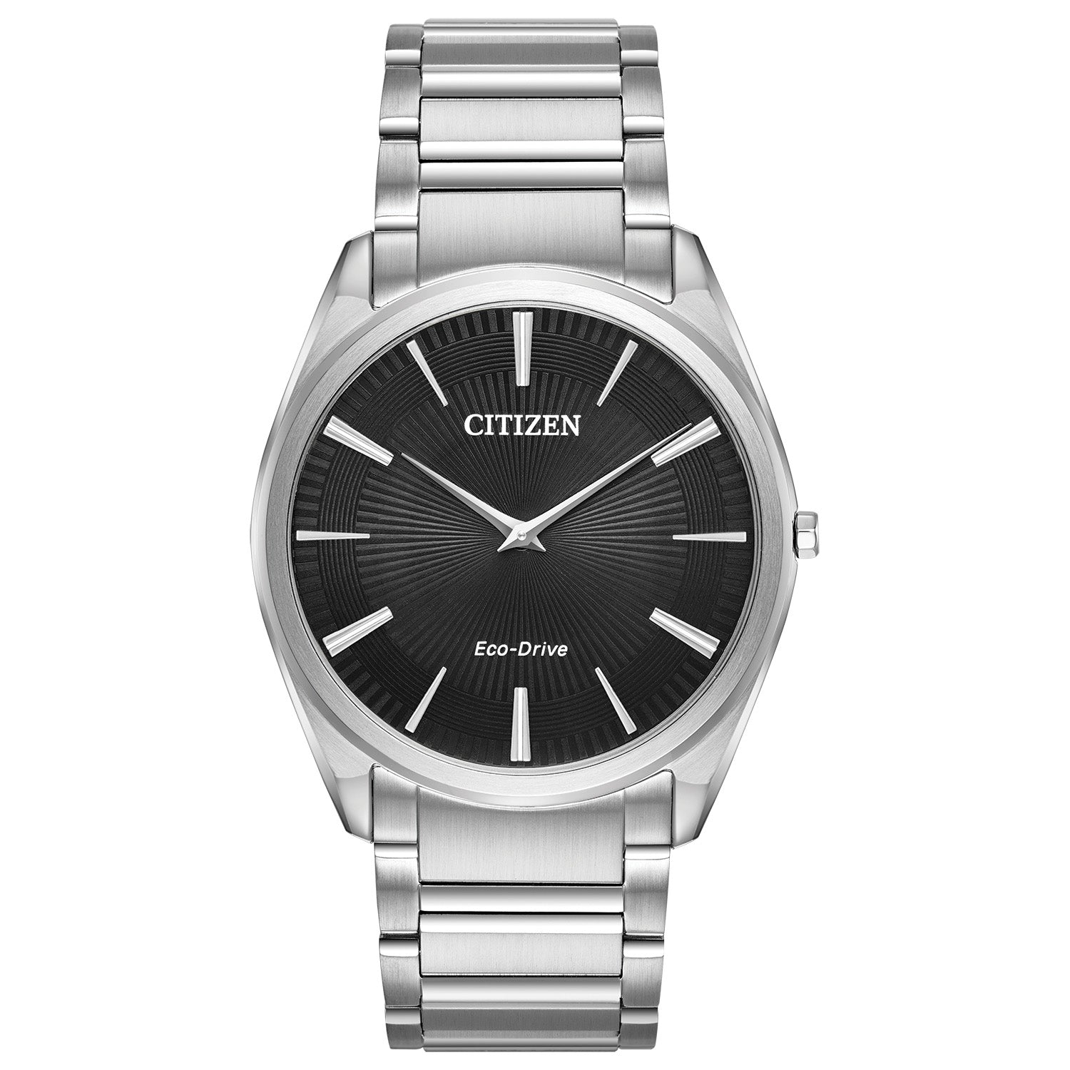 Citizen AR3070-55E men's ultra-thin stainless steel watch featuring a black Guilloché dial with silver-tone hands—front view.​