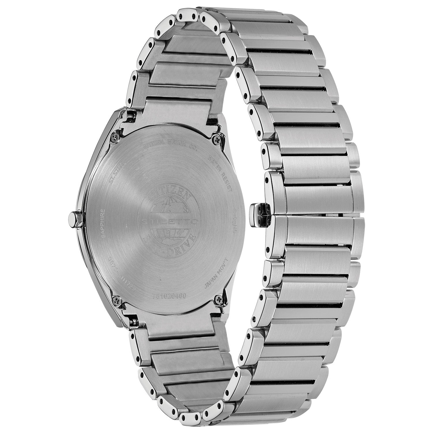 Rear view of the Citizen AR3070-55E highlighting the stainless steel case back and bracelet clasp.