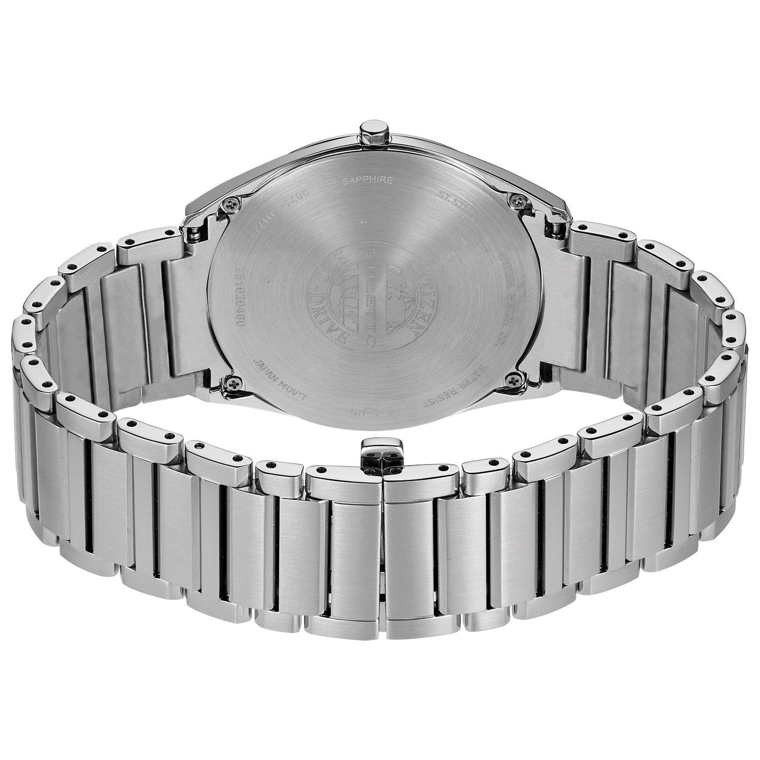 Rear view of the Citizen AR3070-55E highlighting the stainless steel case back and bracelet clasp.