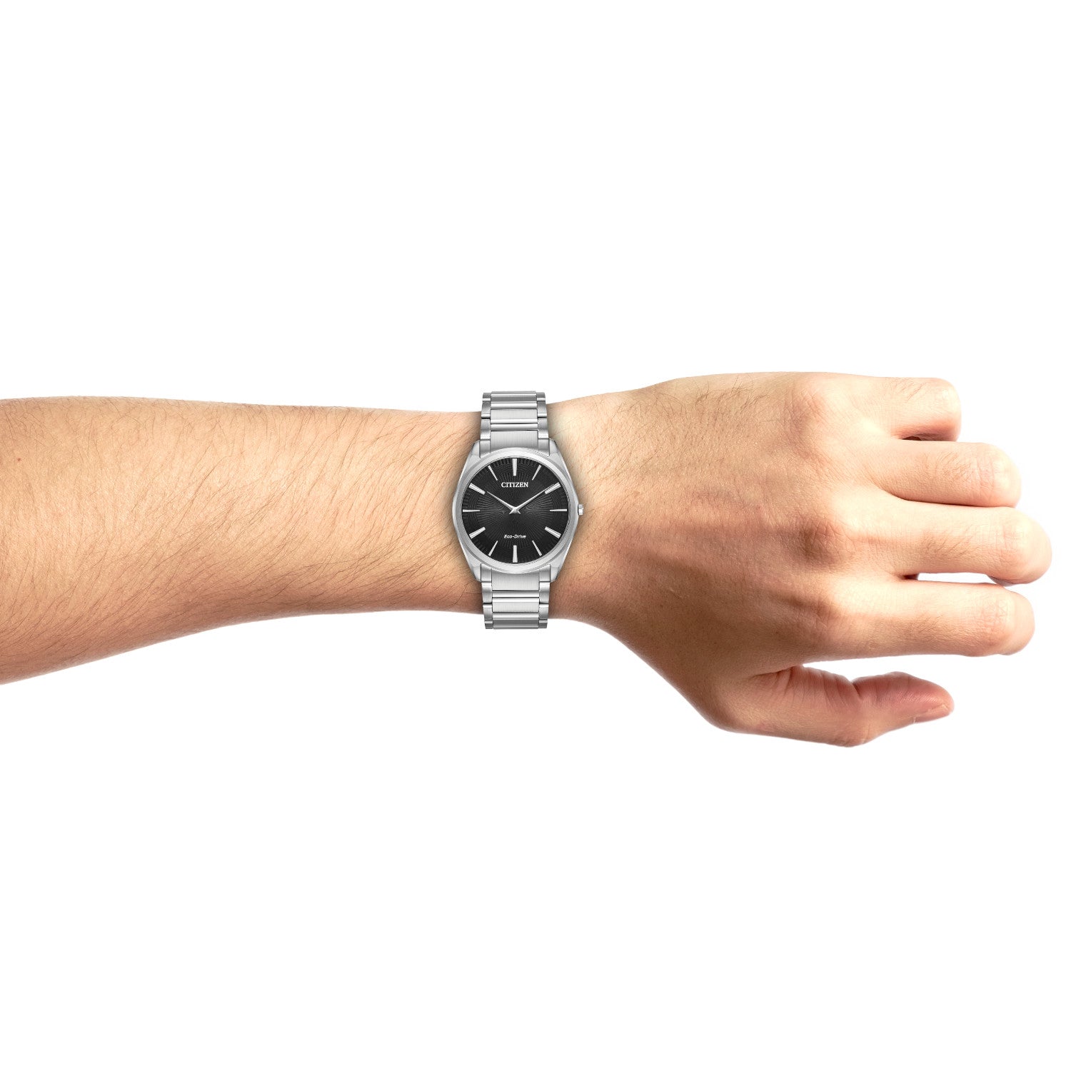 Model wearing the Citizen AR3070-55E, demonstrating its sleek and sophisticated presence on the wrist.