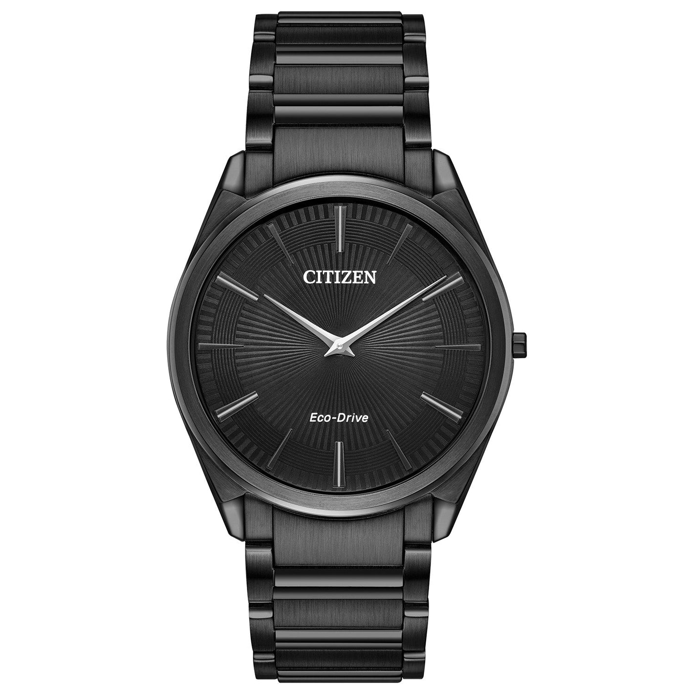 Citizen Stiletto Eco-Drive AR3075-51E featuring a black guilloché dial with silver-tone hands and markers, black-tone stainless steel case and bracelet—front view.