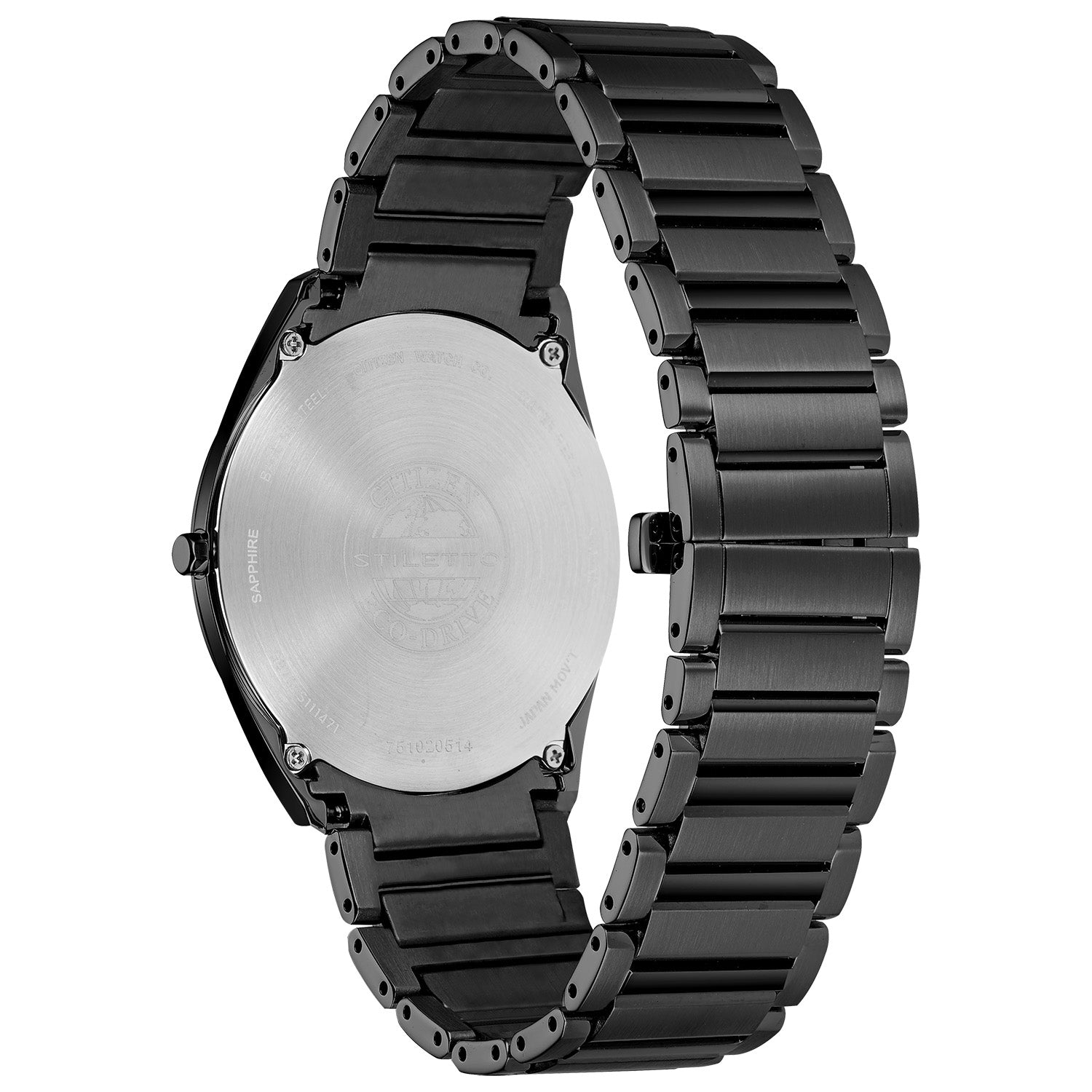 Rear view of the Citizen Stiletto AR3075-51E highlighting the stainless steel case back and bracelet design.