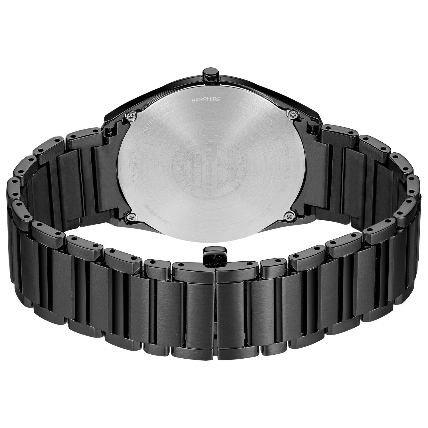 Rear view of the Citizen Stiletto AR3075-51E highlighting the stainless steel case back and bracelet design.