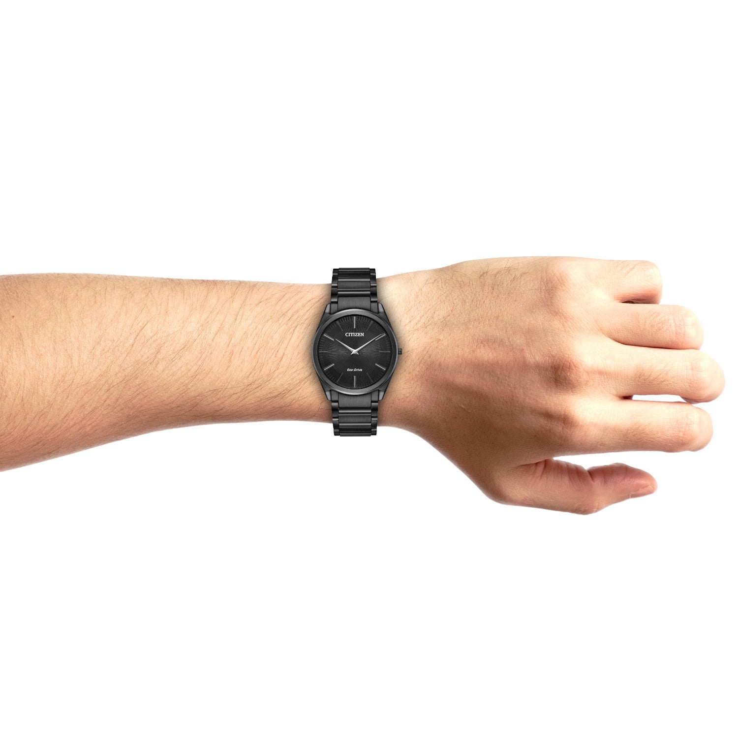 Model wearing the Citizen Stiletto Eco-Drive AR3075-51E, demonstrating its sleek and modern appearance on the wrist.