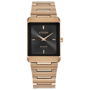 Citizen Stiletto Eco-Drive AR3103-58E featuring a black dial with rose gold-tone hands, rose gold-tone stainless steel case and bracelet—front view.