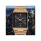 Citizen Stiletto Eco-Drive AR3103-58E featuring a black dial with rose gold-tone hands, rose gold-tone stainless steel case and bracelet—front view.