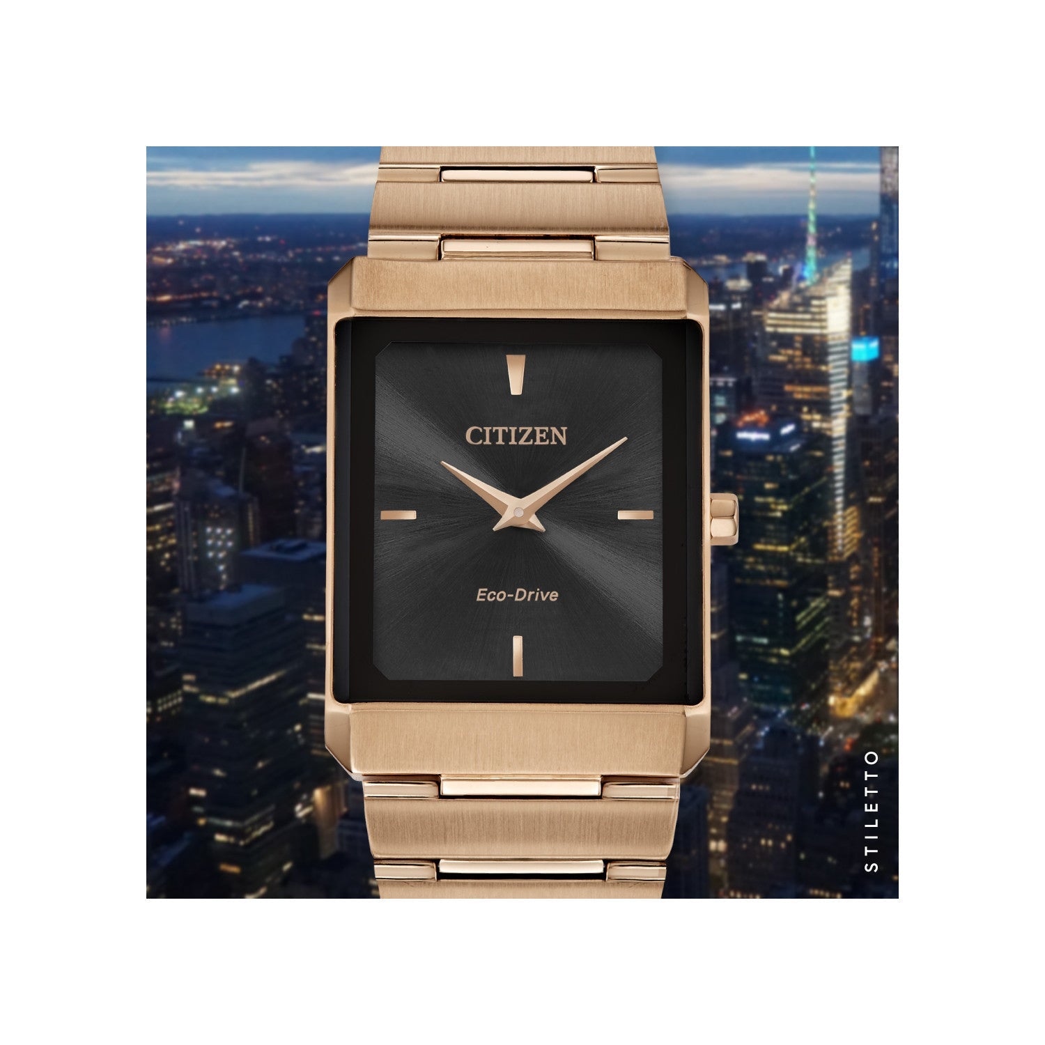 Citizen Stiletto Eco-Drive AR3103-58E featuring a black dial with rose gold-tone hands, rose gold-tone stainless steel case and bracelet—front view.