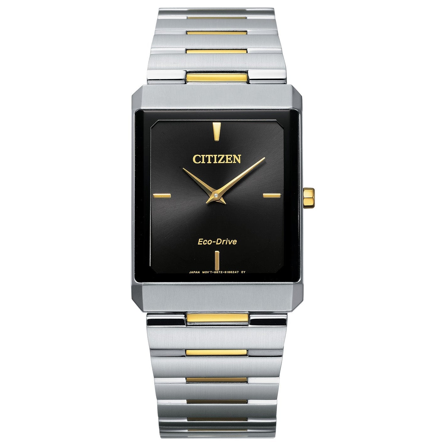 Citizen Stiletto Eco-Drive AR3104-55E featuring a black dial with gold-tone hands and indices, two-tone stainless steel case and bracelet—front view.