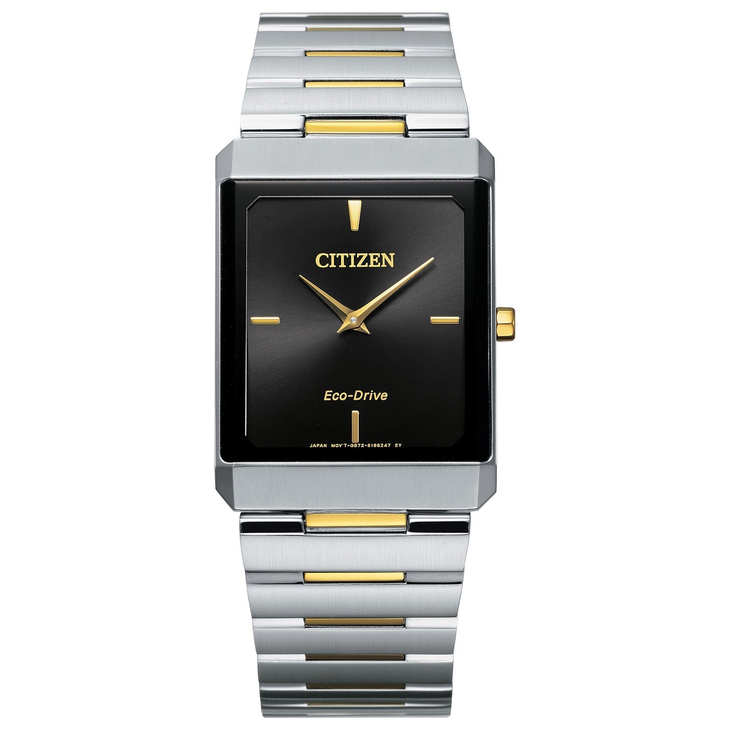 Citizen Stiletto Eco-Drive AR3104-55E featuring a black dial with gold-tone hands and indices, two-tone stainless steel case and bracelet—front view.
