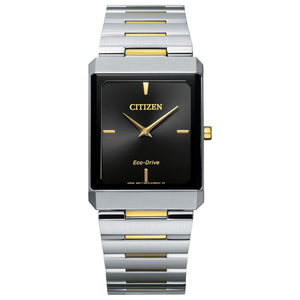 Citizen Stiletto Eco-Drive AR3104-55E featuring a black dial with gold-tone hands and indices, two-tone stainless steel case and bracelet—front view.