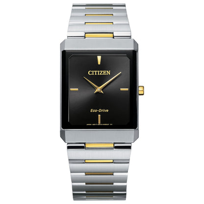 Citizen Stiletto Eco-Drive AR3104-55E featuring a black dial with gold-tone hands and indices, two-tone stainless steel case and bracelet—front view.