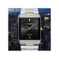 Citizen Stiletto Eco-Drive AR3104-55E featuring a black dial with gold-tone hands and indices, two-tone stainless steel case and bracelet—front view.