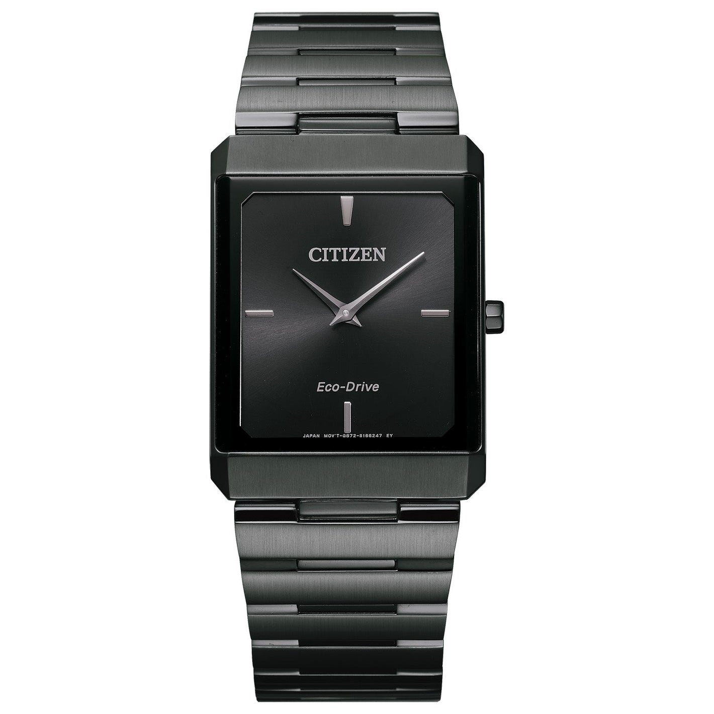 Citizen Stiletto Eco-Drive AR3107-57E featuring a black dial with silver-tone hands and indices, black ion-plated stainless steel case and bracelet—front view.