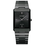 Citizen Stiletto Eco-Drive AR3107-57E featuring a black dial with silver-tone hands and indices, black ion-plated stainless steel case and bracelet—front view.